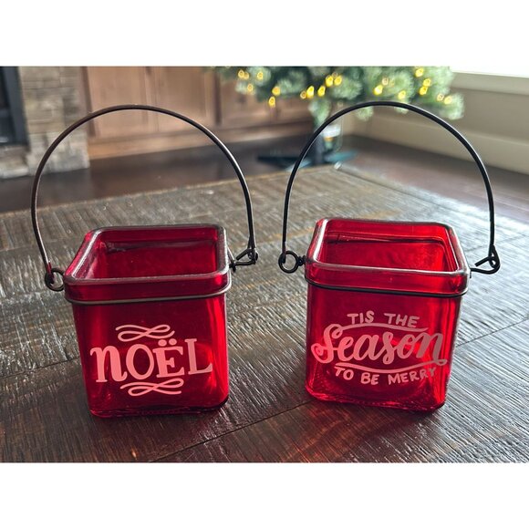 Red Glass Tea Light Holders Noël & Tis The Season Christmas Decor 3" Square - Picture 2 of 8